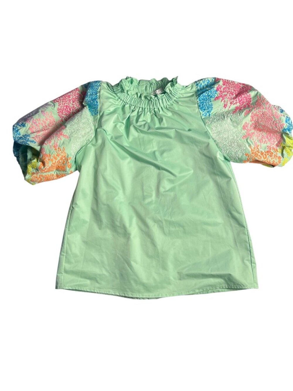 THML S Mint Green Bubble Sleeve Mock Neck Blouse Multicolor Floral Embroidery